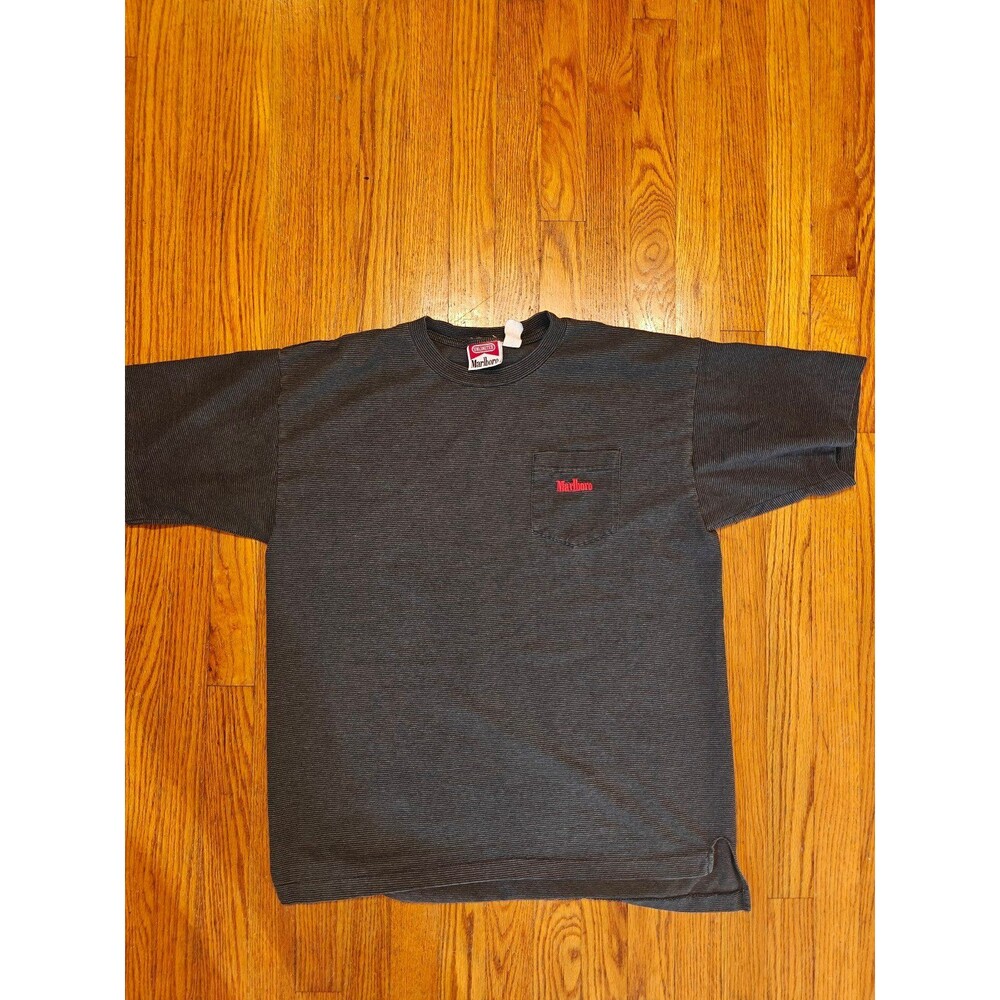Vintage Marlboro Unlimited Pocket Tee T-Shirt Micro Stripe Mens L/XL Black Grey